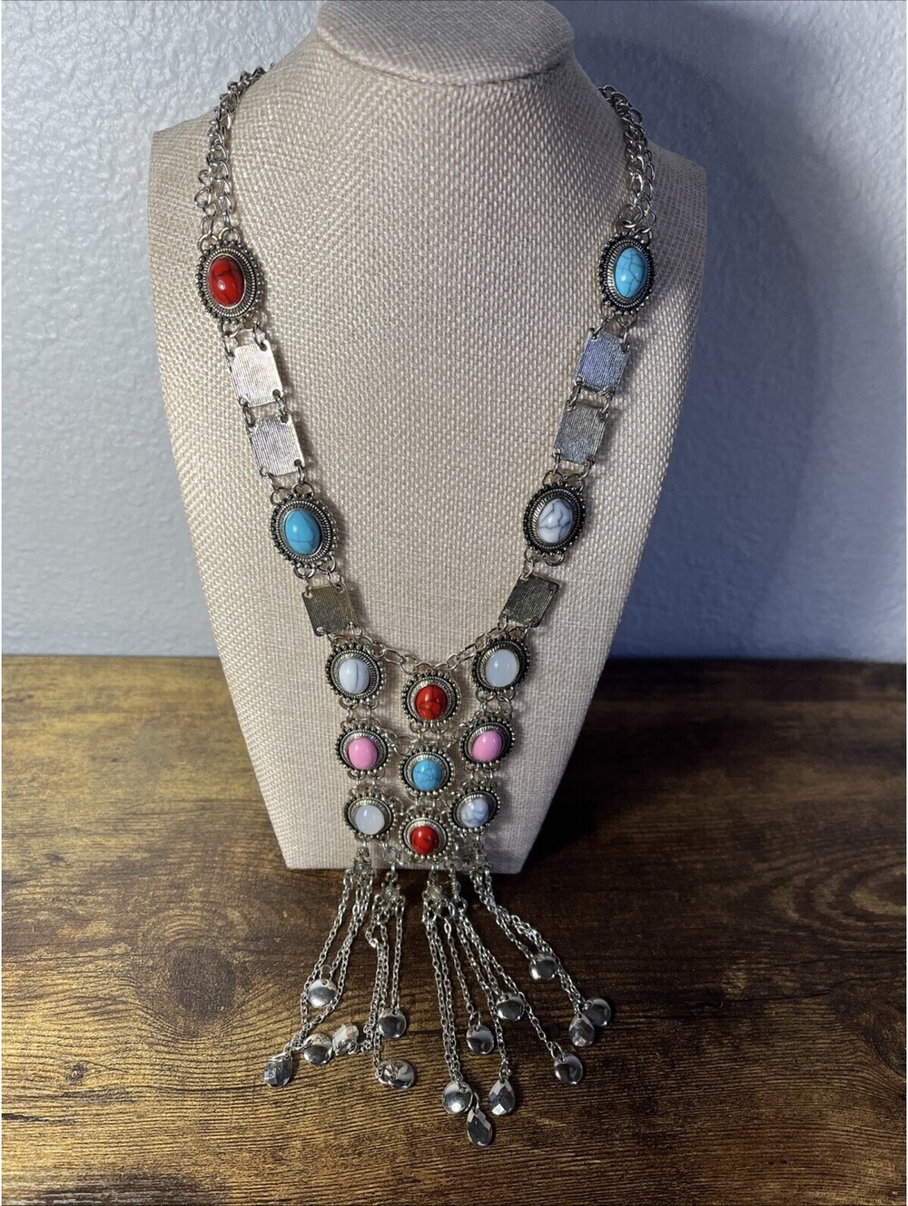 Silver Tone Multi Colored Glass Cabochon Long Fringe Statement Boho Necklace